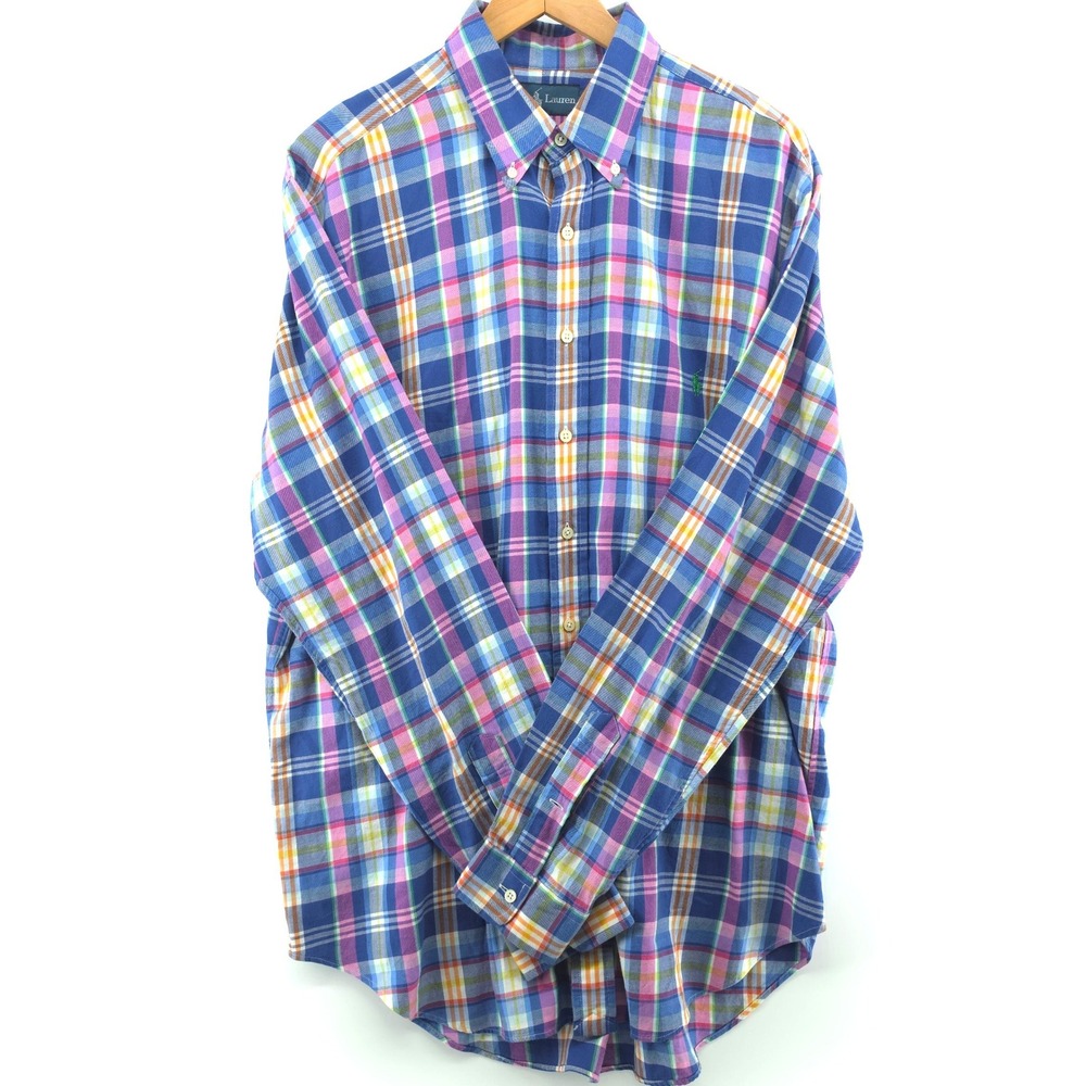 Polo Ralph Lauren Mens Shirt Cotton Plaid Blue Pink LT Large Tall Button Down